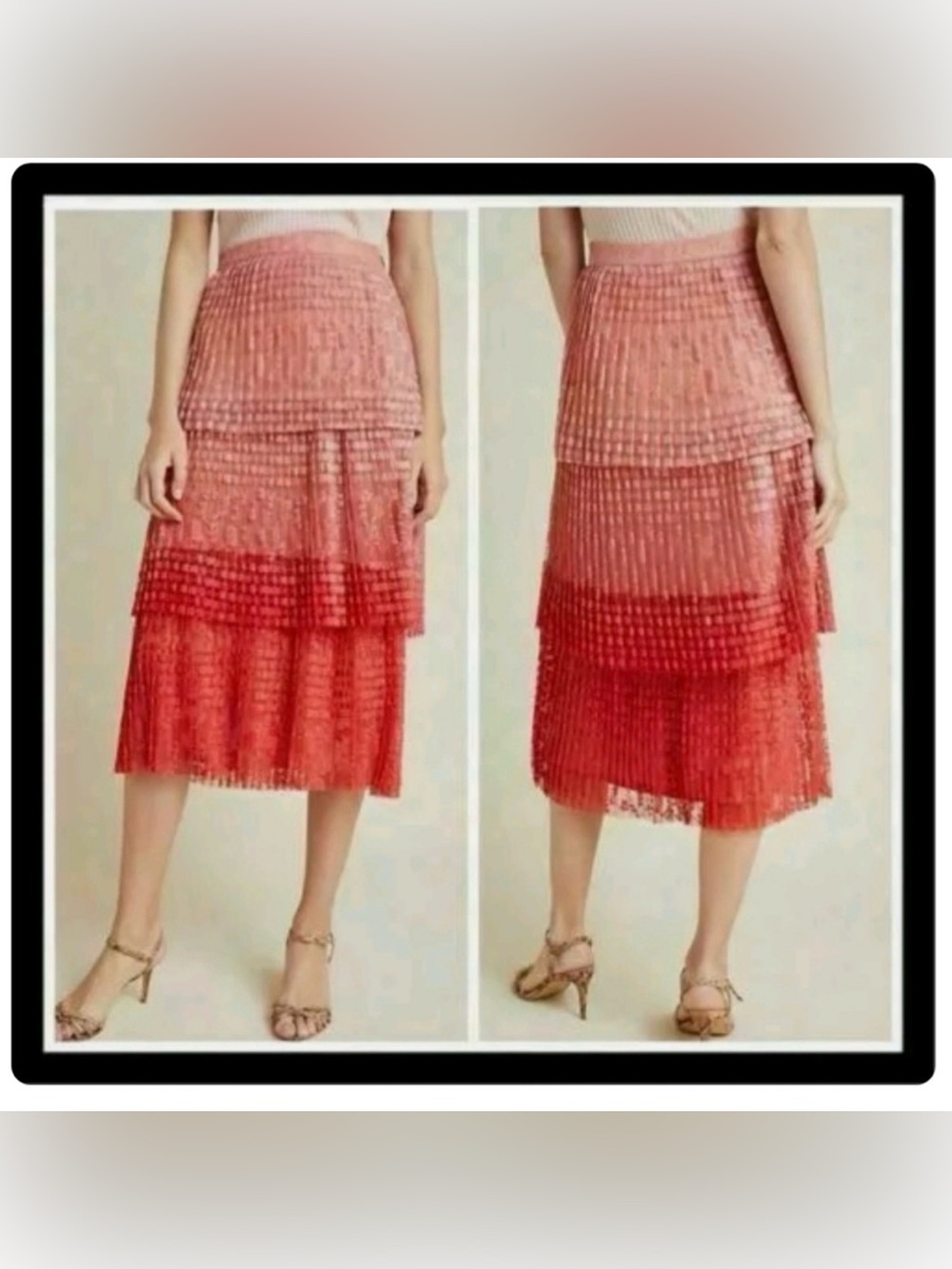 Anthropologie Maeve Brighton Tiered Midi Skirt in a red and pink ombré - Picture 3 of 7